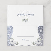 Sparkle Silver Blue Glitzer und Blumenhochzeit Platzkarte (Außenseite Aufgefaltet)