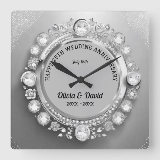 Sparkle Silver Diamonds Wedding Jubiläum Quadratische Wanduhr (Vorderseite)