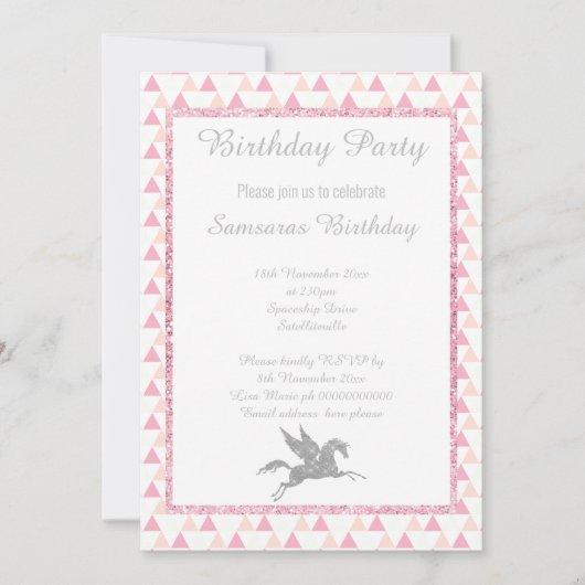 Sparkle SILVER Einhorn WHITE PINK PATTERN GEBURTST Einladung (Vorderseite)