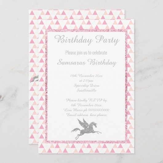 Sparkle SILVER Einhorn WHITE PINK PATTERN GEBURTST Einladung (Vorne/Hinten)