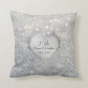 Sparkle Silver Heart 25. Hochzeitstag Kissen