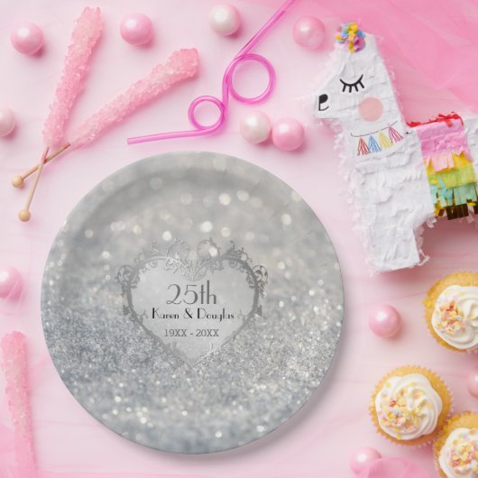 Sparkle Silver Heart 25. Hochzeitstag Pappteller (Party)
