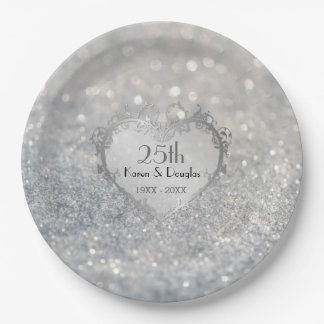 Sparkle Silver Heart 25. Hochzeitstag Pappteller