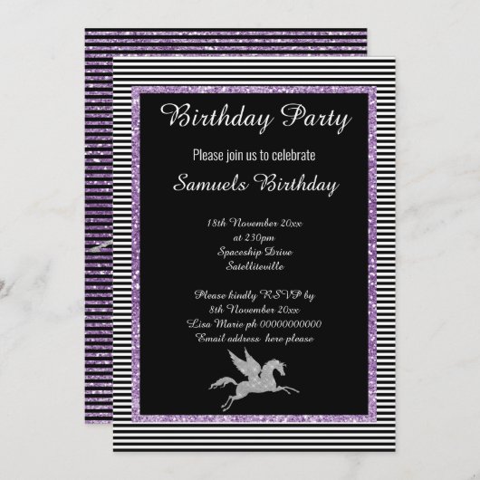 Sparkle Silver Unicorn Schwarzer Lila Glitzer Stre Einladung (Vorne/Hinten)