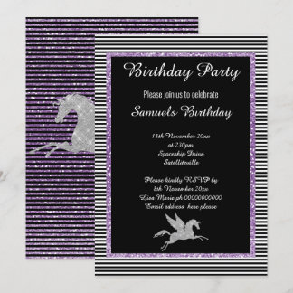 Sparkle Silver Unicorn Schwarzer Lila Glitzer Stre Einladung