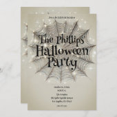Sparkle Spiderweb Whimsical Tan Halloween-Party Einladung (Vorne/Hinten)