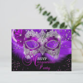 Sparkle Spitzen Maske Lila Masquerade UAWG RSVP Karte (Stehend Vorderseite)