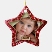 Sparkle Star Red/Gold Foto Keramik Ornament (Vorne)