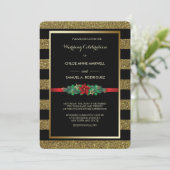 Sparkle Stripe Christmas Poinsettia Wedding Einlad Einladung (Stehend Vorderseite)
