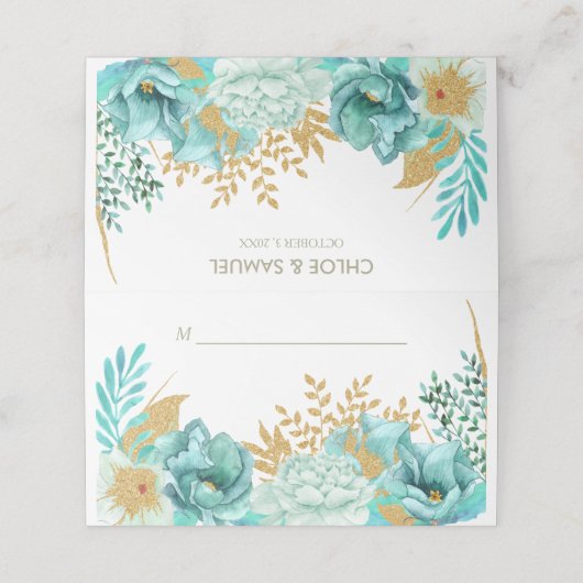 Sparkle Stripe Gold Minze Blumenhochzeit Platzkarte (Außenseite Aufgefaltet)