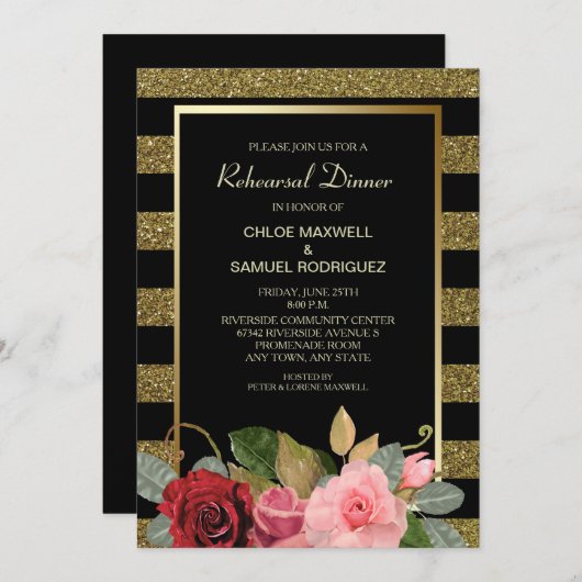 Sparkle Stripe Rose Hochzeit Probe Dinner Einladung (Vorne/Hinten)