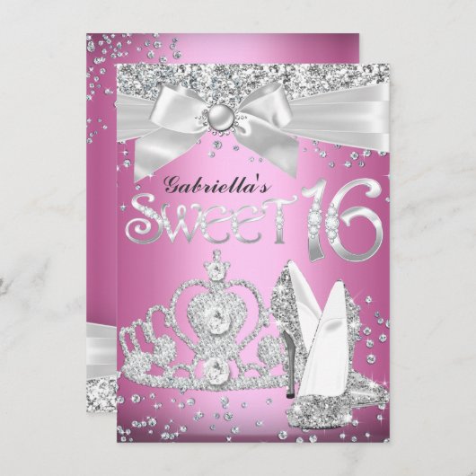 Sparkle Tiara & Heelses Sweet 16 Einladend Rosa Einladung (Vorne/Hinten)