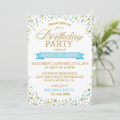 Sparkle Turquoise und Gold Glitzer Dots Geburtstag Einladung (Stehend Vorderseite)