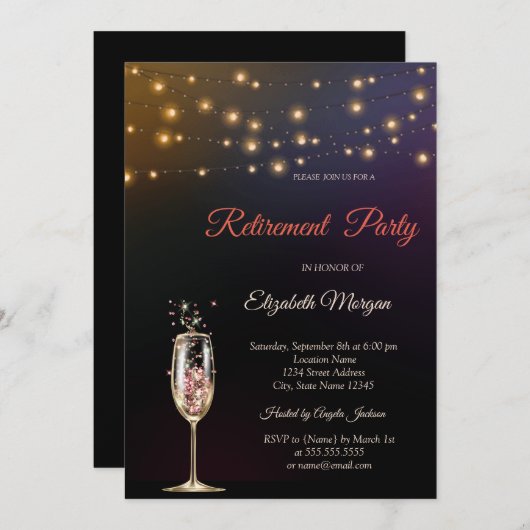 Sparkle Wine Glass String Lights Rentirement Einladung (Vorne/Hinten)