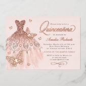 Sparkline Rose Gold Butterfly Kleid Quinceanera Folieneinladung (Vorderseite)