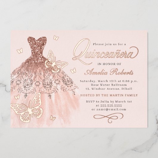 Sparkline Rose Gold Butterfly Kleid Quinceanera Folieneinladung (Vorderseite)
