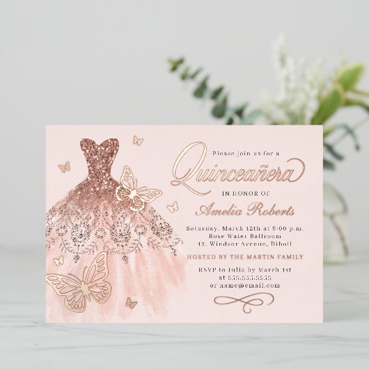 Sparkline Rose Gold Butterfly Kleid Quinceanera Folieneinladung (Stehend vorne)