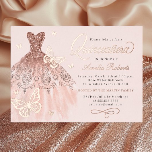 Sparkline Rose Gold Butterfly Kleid Quinceanera Folieneinladung