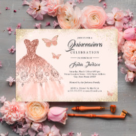 Sparkline Rose Gold Dress Butterfly Quinceanera Einladung