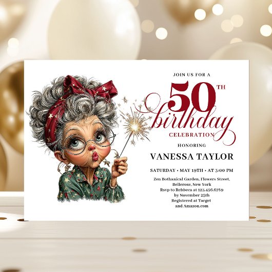 Sparkling 50th party funny woman quirky invite einladung