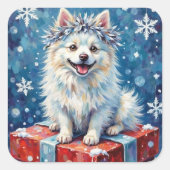 Sparkling American Eskimo Dog Festive Gift Cushion Quadratischer Aufkleber (Vorderseite)