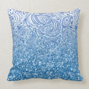 Sparkling Blue Glitzer & Vintag Paisley Ombre Kissen