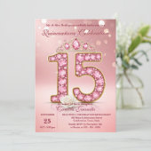 Sparkling Blush Pink 15 Tiara Rose Quinceañera Einladung (Stehend Vorderseite)