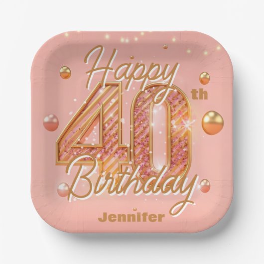 Sparkling Blush Pink and Gold 40th Birthday Pappteller (Vorderseite)