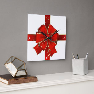 Sparkling Christmas Bow Clock Quadratische Wanduhr