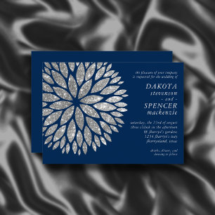 Sparkling Dahlia Navy Blue Silver Gray Wedding Einladung