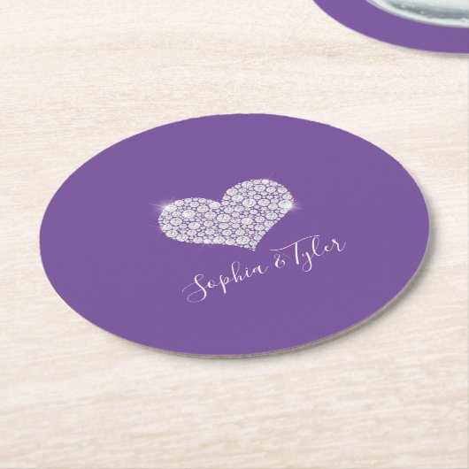 Sparkling Diamond Herz White Script Namen, Lila Runder Pappuntersetzer (Angewinkelt)