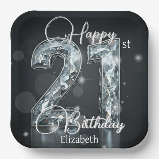 Sparkling Diamond Number auf Schwarz 21. Geburtsta Pappteller (Vorderseite)