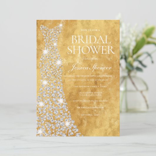 Sparkling Diamond Wedding Dress Golden Glitzer Einladung (Stehend Vorderseite)