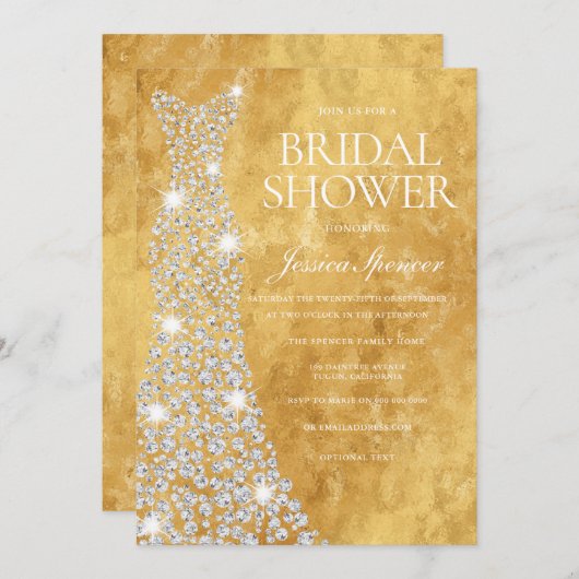 Sparkling Diamond Wedding Dress Golden Glitzer Einladung (Vorne/Hinten)