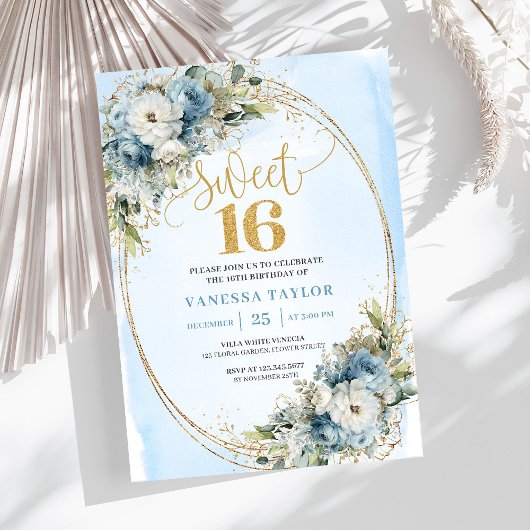 Sparkling Dusty Blue Greenery Sweet Sixteen Invite Einladung