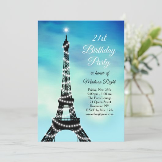 Sparkling Eiffelturm 21. Geburtstag türkis Einladung (Stehend Vorderseite)