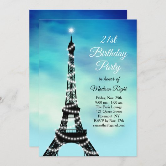 Sparkling Eiffelturm 21. Geburtstag türkis Einladung (Vorne/Hinten)