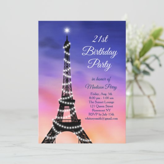 Sparkling Eiffelturm Sonnenuntergang 21. Geburtsta Einladung (Stehend Vorderseite)