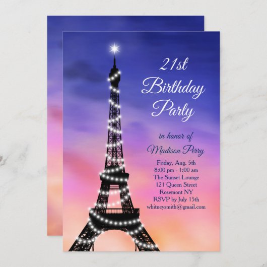 Sparkling Eiffelturm Sonnenuntergang 21. Geburtsta Einladung (Vorne/Hinten)