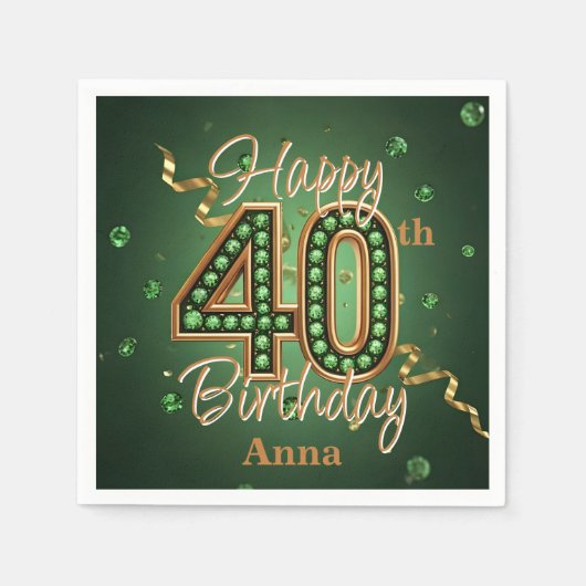 Sparkling Emerald Green and Gold 40th Birthday Serviette (Vorderseite)