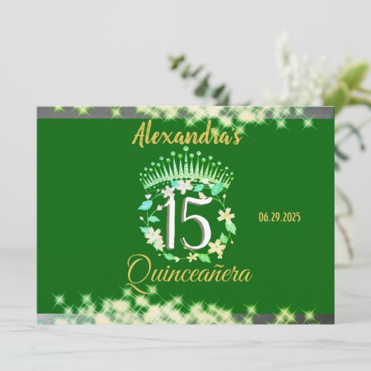 Sparkling Emerald Green Quinceañera Spanisch Menükarte (Stehend Vorderseite)