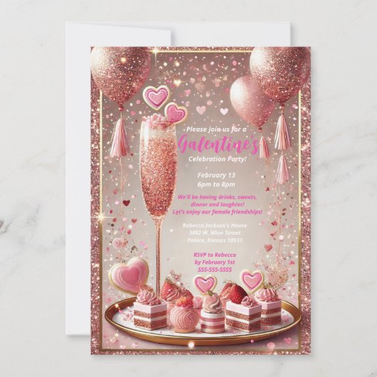 Sparkling Friends Galentine's Day Dessert Party Einladung (Vorderseite)