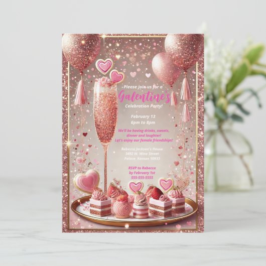 Sparkling Friends Galentine's Day Dessert Party Einladung (Stehend Vorderseite)