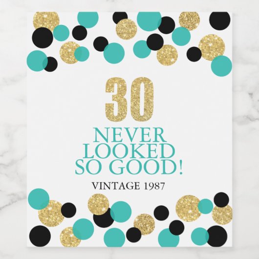 Sparkling Gold Glitzer Aquamarin Confetti 30. Gebu Weinetikett (Einzelnes Label)