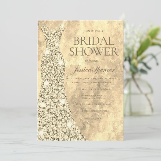 Sparkling Gold Glitzer Dress Gown Brautparty Einladung (Stehend Vorderseite)