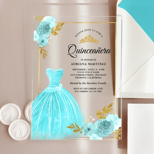 Sparkling Gown Aqua Blue Floral Gold Quinceanera Acryleinladungen