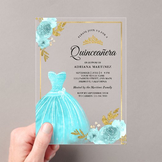 Sparkling Gown Aqua Blue Floral Gold Quinceanera Acryleinladungen (Insitu (Handheld))