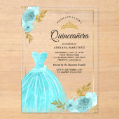 Sparkling Gown Aqua Blue Floral Gold Quinceanera Acryleinladungen (Vorderseite)