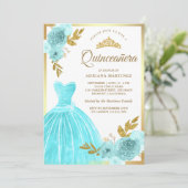 Sparkling Gown Aqua Blue Floral Gold Quinceanera Einladung (Stehend Vorderseite)
