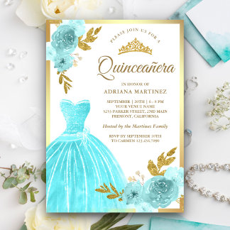 Sparkling Gown Aqua Blue Floral Gold Quinceanera Einladung